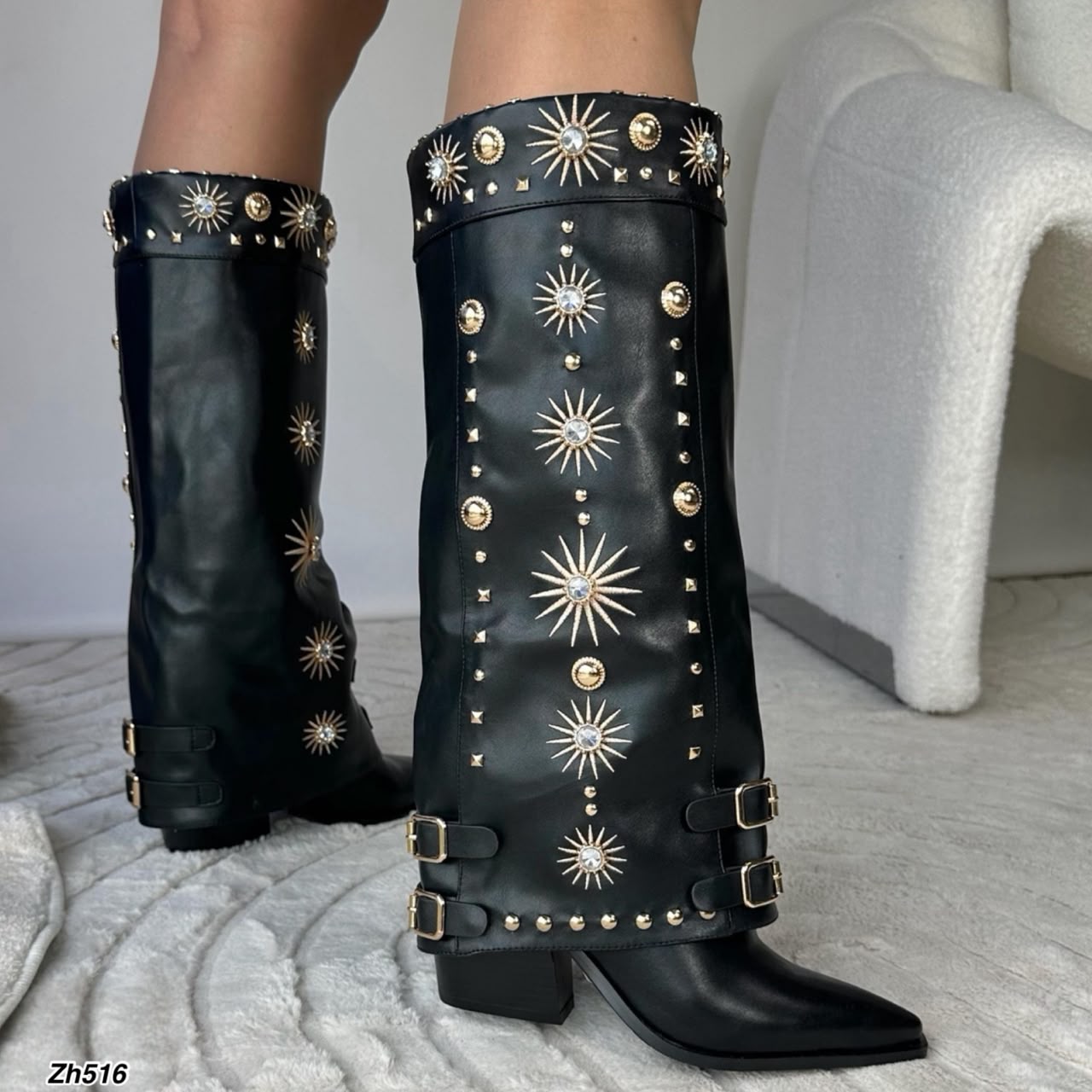 Bota texana negro doblez apliques dorado tacon 8cm HX3198-B0199